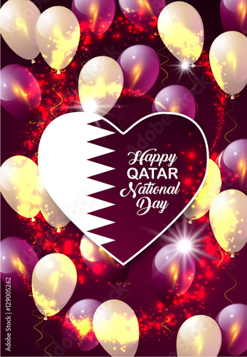 Happy Qatar National Day. Greeting card with heart, balloons and fireworks. Qatar flag color design. Qatar National Day background, poster or banner