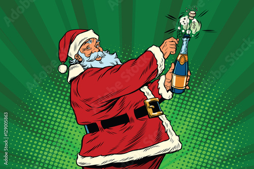 Santa Claus opens a bottle of champagne