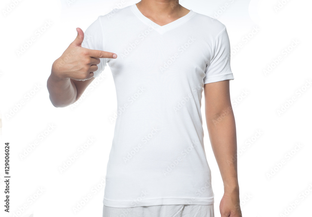 White t-shirt on a young man isolated on white background