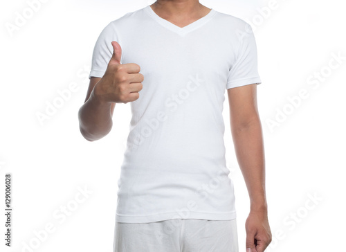 White t-shirt on a young man isolated on white background
