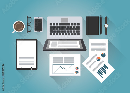 Concept flat vector illustration of businessman office desk with a laptop, paperwork, report, organizer, pen, smartphone, clipboard, glasses, coffee, watches with light shadows. Top view.