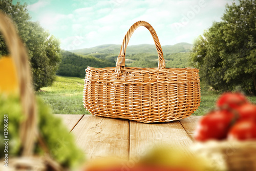 spring wooden table and landscape 