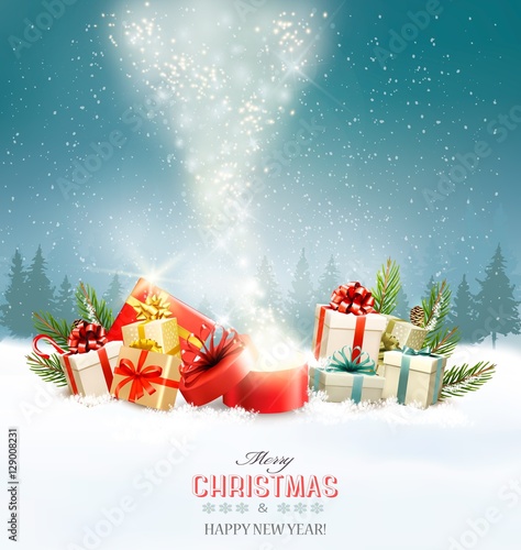 Christmas holiday background with presents and magic box. Vector