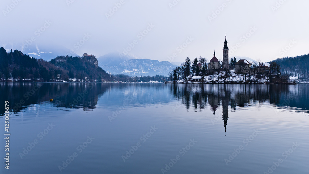 Lake Bled in winter, view from a boat, slovenian alps, Slovenia