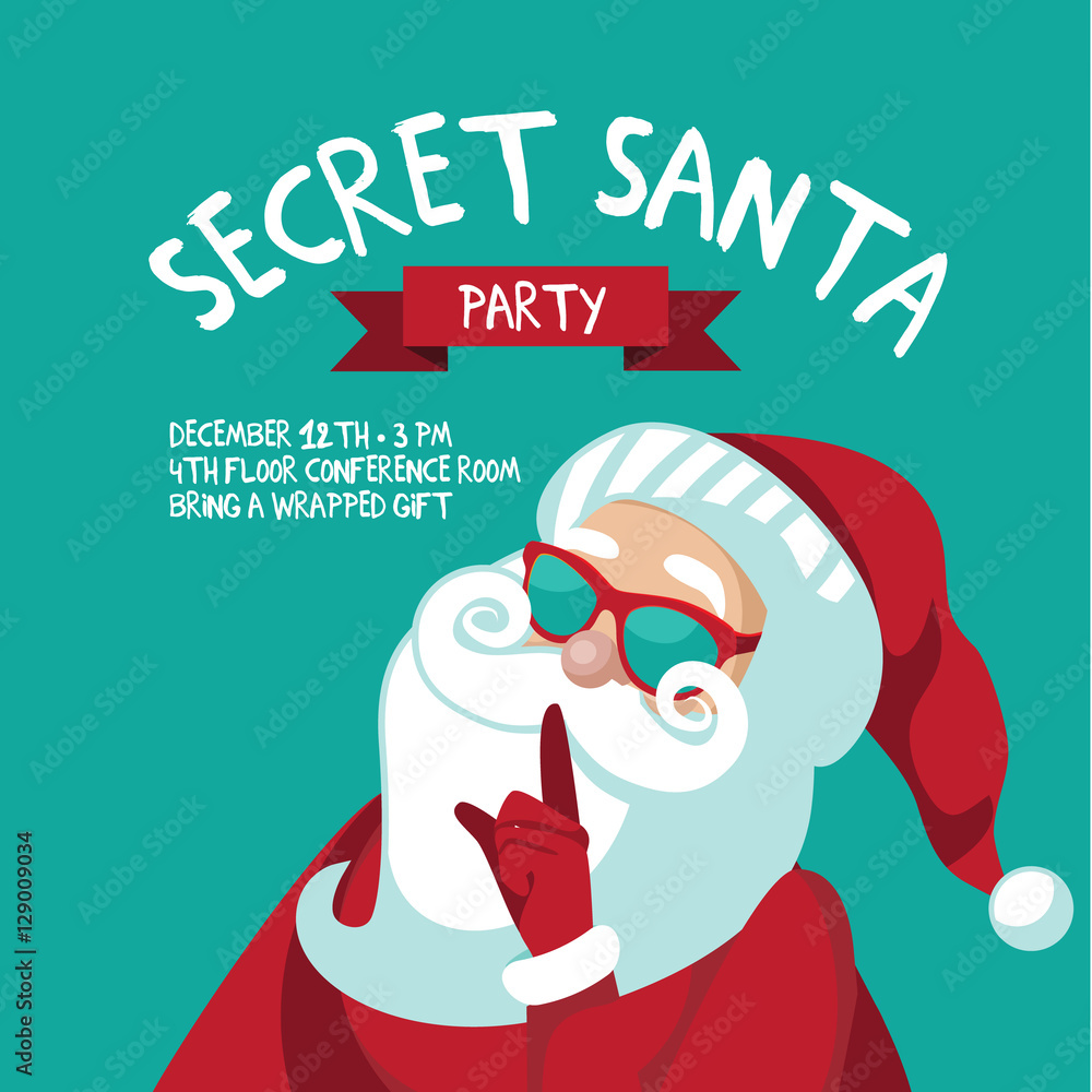 Cartoon Secret Santa Christmas party background template with Santa Claus  shushing you with his finger. Stock Vector | Adobe Stock