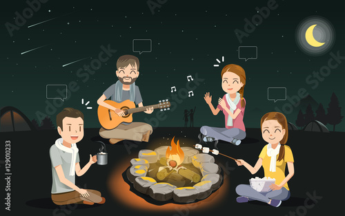 Adventures in forest. Meteor shower and mountain tourism festival. Party bonfire with friends  for winter.