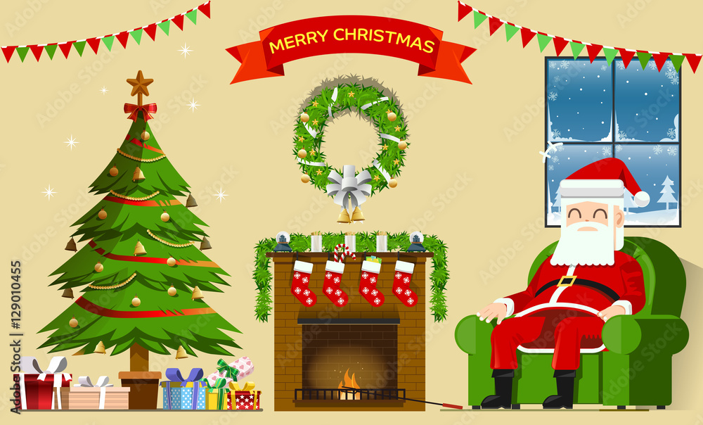 Santa relax in the lodges.Christmas and winter. Decorate homes for the season. Alone in house. Festival of December.