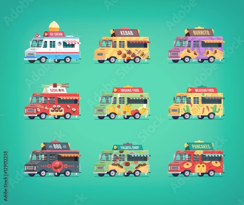 Set of flat food truck icons. Modern design concept compositions for food delivery service vehicles.
