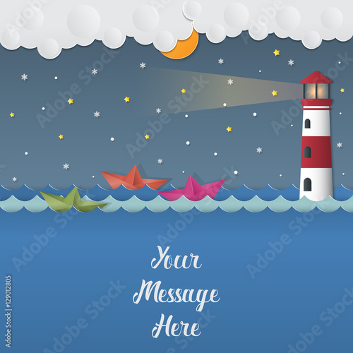 Night background with boats and Lighthouse in winter, vector illustration.