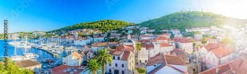 Korcula cityscape aerial panorama. / Aerial panorama of town Korcula, historic and touristic center in Croatia, Europe summertime.