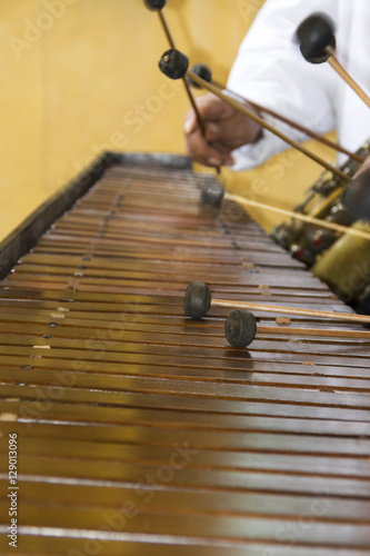 Close-up shot of a marimba or Hormigo keyboard. Guatemala