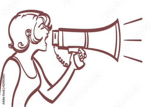 Vector full isolated portrait of a beautiful woman with  megaphone. Lineart drawing, eps 10.