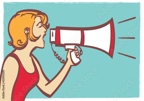 Vector full isolated portrait of a beautiful woman with megaphone. Lineart drawing, eps 10.