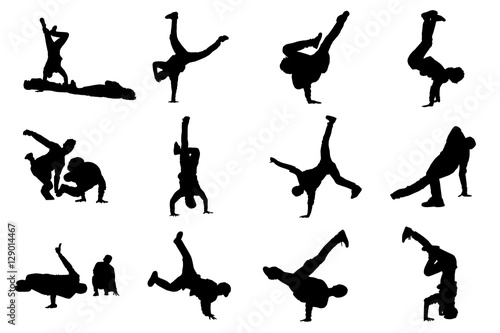 Silhouettes of breakdancers. Hip-hop male dancers vector silhouette isolated on white background