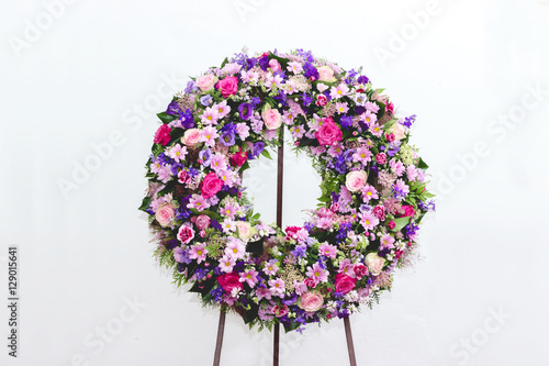 Photography Colorful flower arrangement wreath for funerals isolated on white