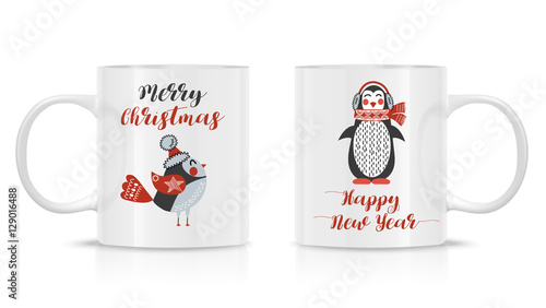  Design Template for Mock Up. Vector. Two mug mock-up. Photo realistic white cup isolated on the white background, with New Year and Christmas illustration. 
