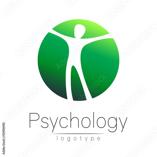 Modern man logo of Psychology. Human in a circle. Creative style. Logotype in vector. Design concept. Brand company. Green color isolated on white background. Symbol for web, print, card, flyer.