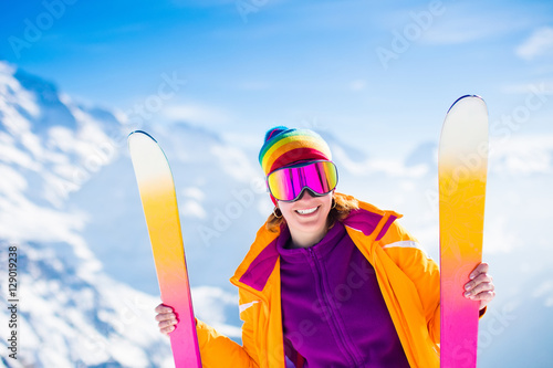 Ski and snow fun in winter mountains