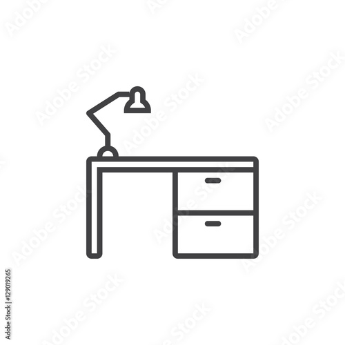 desk with lamp line icon, outline vector sign, linear pictogram isolated on white. logo illustration
