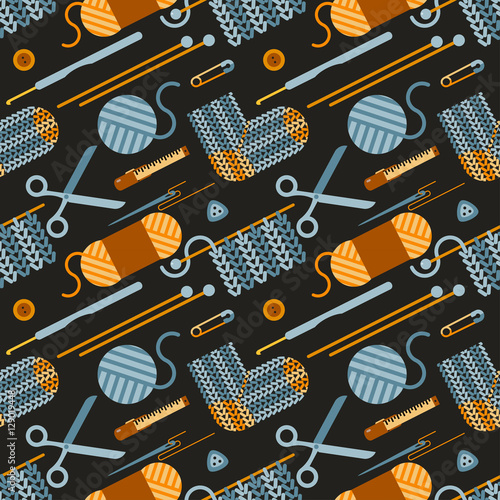 Handmade knitting illustration. Seamless pattern. Flat design.