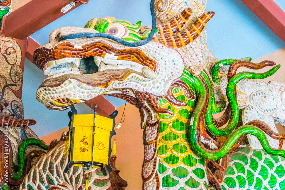 Dragon head decoration at Buddhist temple in Vietnam Dalat