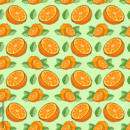 The pattern of the citrus on the light green background.