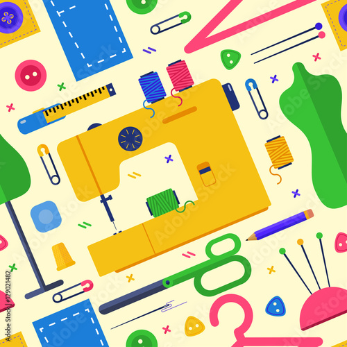 Textile design concept set with sewing. Seamless pattern. Vector flat illustrations