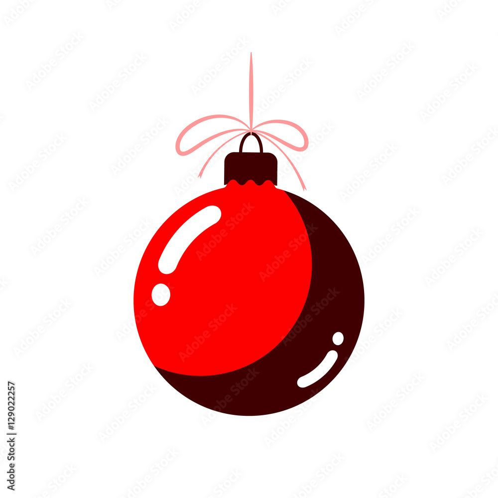 Christmas tree ball with bow. Red bauble decoration, isolated on white background. Symbol of Happy New Year, Xmas holiday celebration, winter. Flat design for card. Vector illustration Christmas tree ball with bow. Red bauble decoration, isolated on white background. Symbol of Happy New Year, Xmas holiday celebration, winter. Flat design for card. Vector illustration