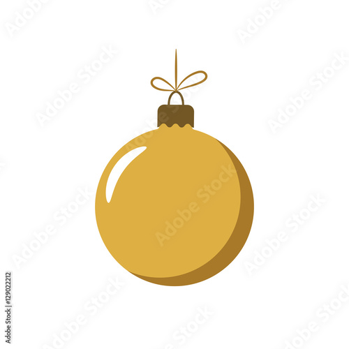 Christmas tree gold ball with bow. Golden bauble decoration, isolated on white background. Symbol of Happy New Year, Xmas holiday celebration, winter. Flat design for card. Vector illustration