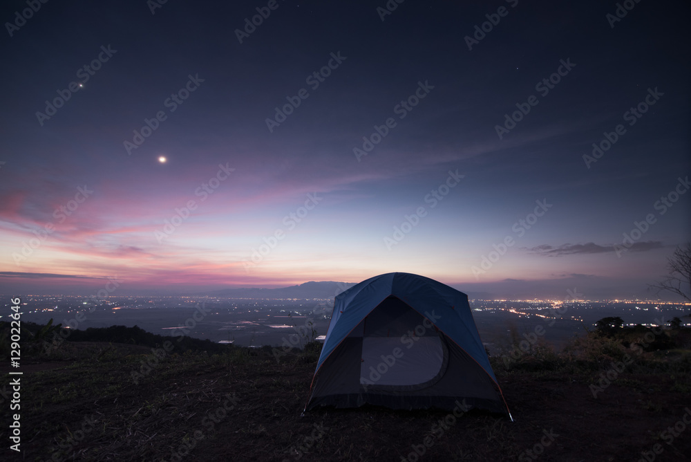 camping tent mountain and sunset with moon