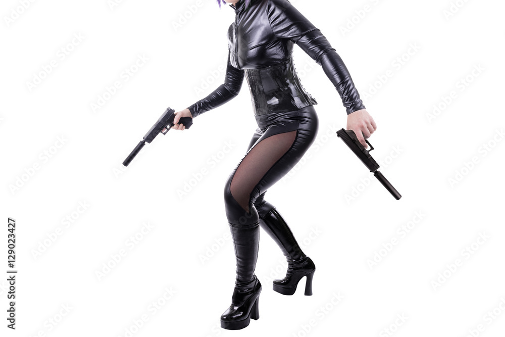 Sexy killer ready to shoot, isolated on white background Sexy killer ready to shoot, isolated on white background