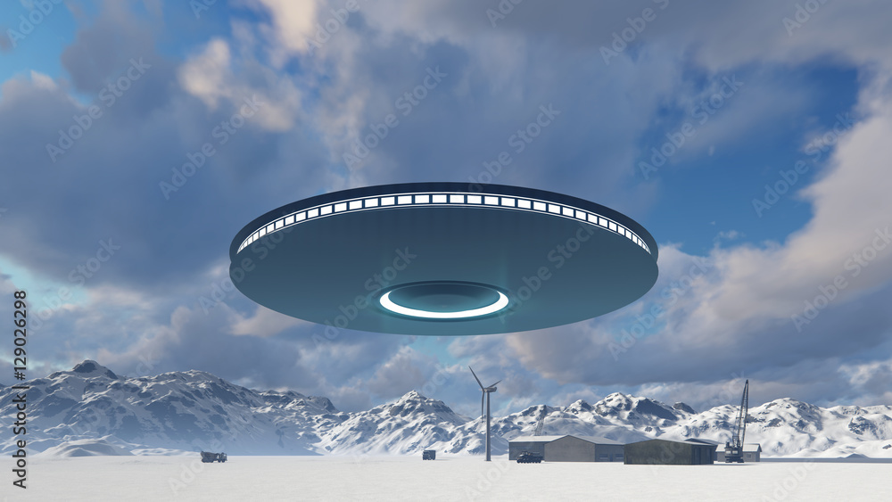 3d UFO over industrial zone, factory, manufacturing, warehouse 3d UFO over industrial zone, factory, manufacturing, warehouse