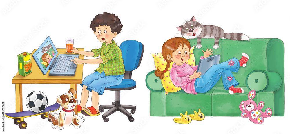 Communication. Cute boy and girl with their gadgets Communication. Cute boy and girl with their gadgets