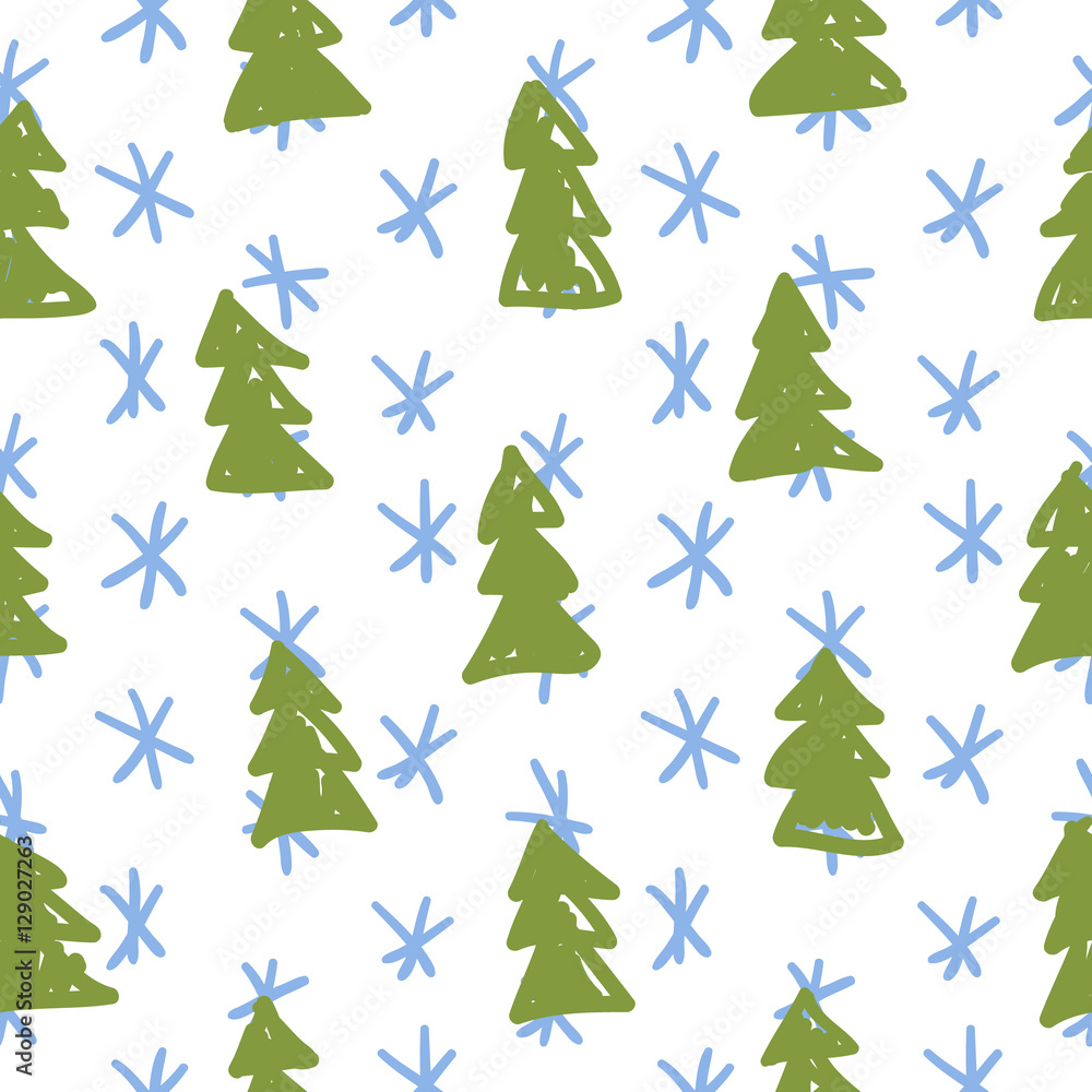 Vector Christmas simple hand drawn pattern with Cristmas trees