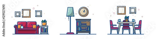 set of line illustration with interior scene and furniture