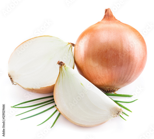 Bulb onion and green onions isolated on a white background.