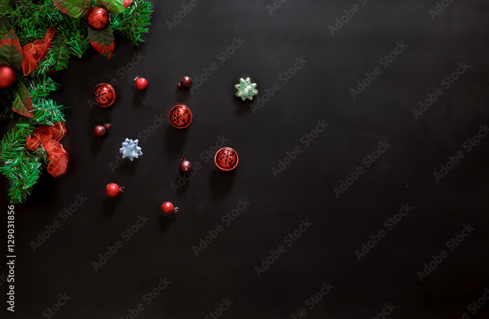 Frame with xmas tree and ornaments on black background. Merry christmas card. Space for text Frame with xmas tree and ornaments on black background. Merry christmas card. Space for text