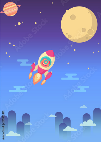 Fototapeta Naklejka Na Ścianę i Meble -  Cute alien flying in space rocket in the space sky. Flat design colored vector illustration