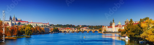 Fotografie Prague Castle and Old City day panorama view with blue sky, travel vivid autumn