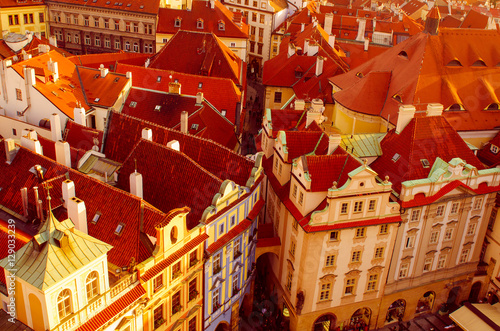 Red Prague roofs - view from the City Hall, travel european background © Roxana