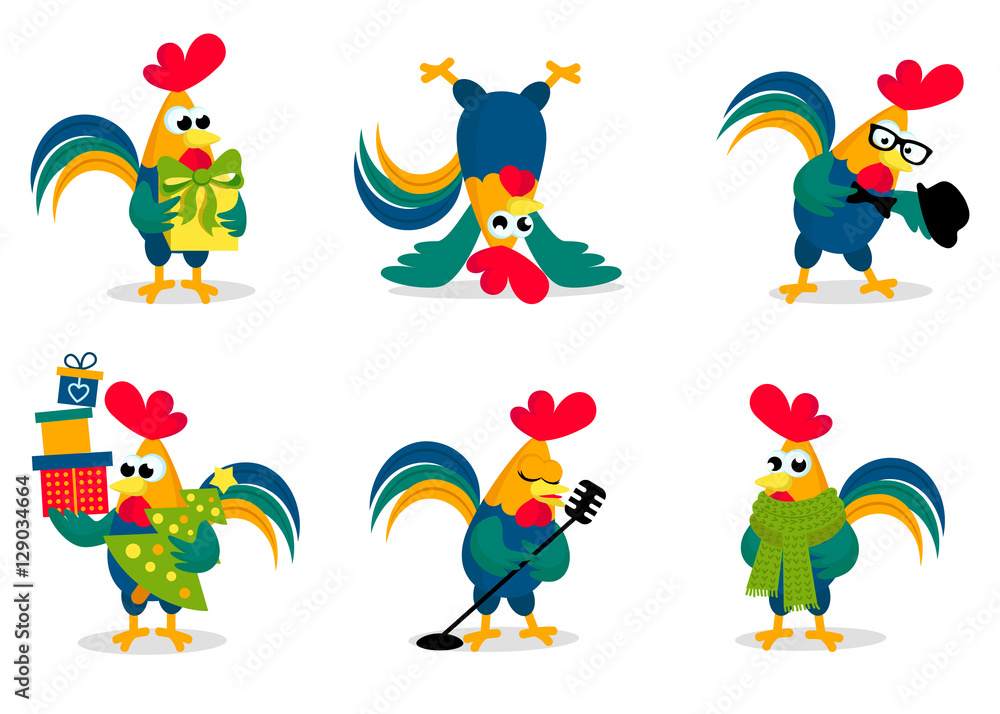 Funny roosters in different poses isolated on background. Cute cartoon rooster vector illustration. Cock, farm animal the symbol of New Year 2017 Funny roosters in different poses isolated on background. Cute cartoon rooster vector illustration. Cock, farm animal the symbol of New Year 2017