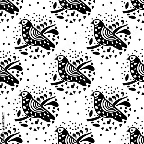 Black and white bird seamless pattern.