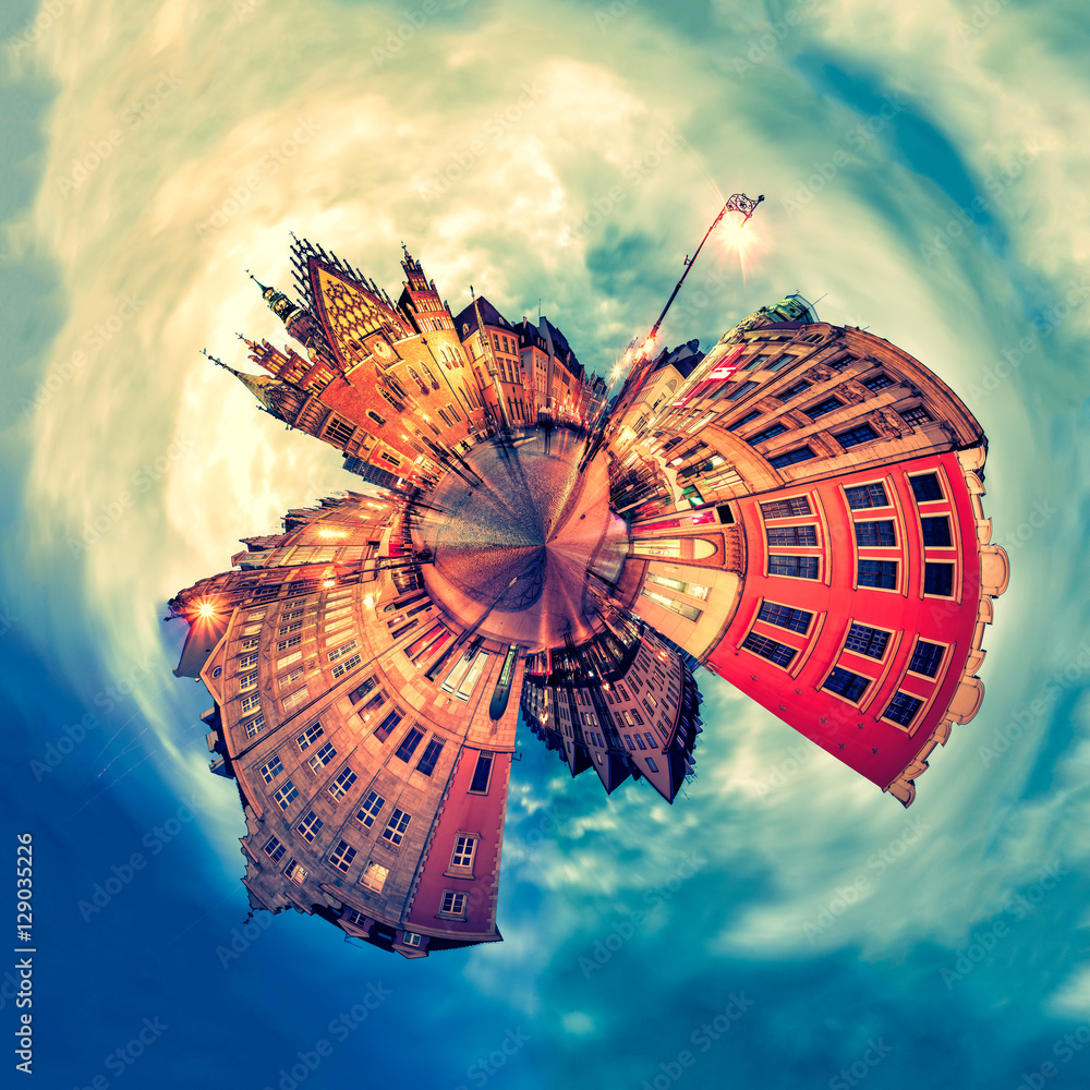 Obraz premium Tiny planet of Wroclaw Market Square with Town Hall during sunset evening, Poland, Europe. Panoramic montage from 27 HDR Photos with post processing effects