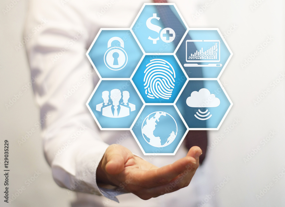 Businessman offer honeycomb button with fingerprint. Businesswoman represent display icon with finger print. Security sign in hexagon. Business concept, technology, earth, chart, internet, finance. Businessman offer honeycomb button with fingerprint. Businesswoman represent display icon with finger print. Security sign in hexagon. Business concept, technology, earth, chart, internet, finance.