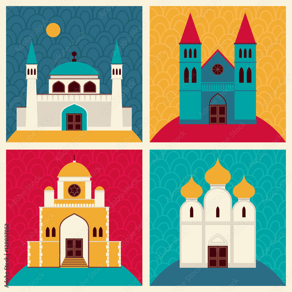 Network illustration with buildings and elements. Mosque. Orthodox church. Synagogue. Catholic church