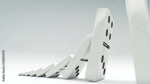 Domino effect from little to big. A chain of dominos of increasing size. Falling domino start from little one and end gigant, realistic 3d animation