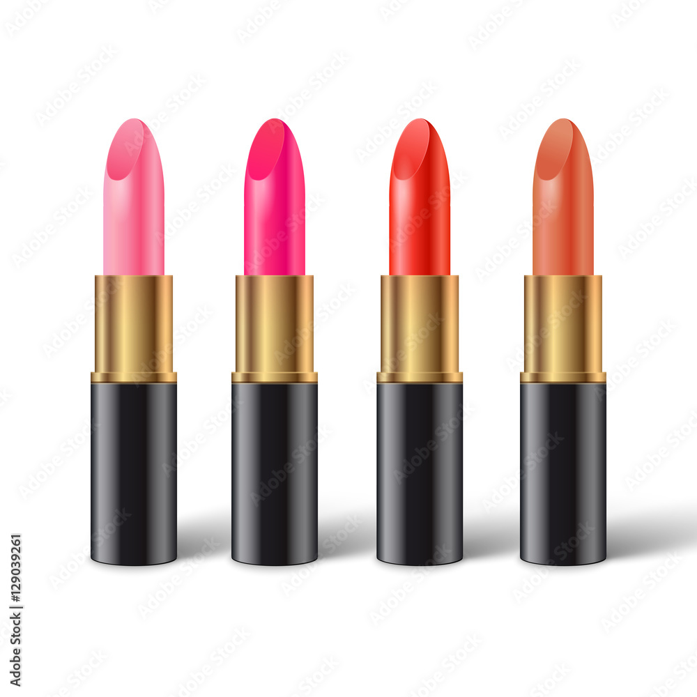 Set of realistic lipsticks in black tube with shadow Set of realistic lipsticks in black tube with shadow