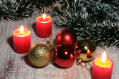 Christmas decoration isolated white. Red and golden gift boxes with three ball, floral ornament. Top view. Square composition.