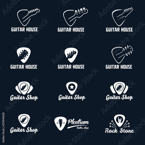 Guitar in plectrum shape monochrome logos set