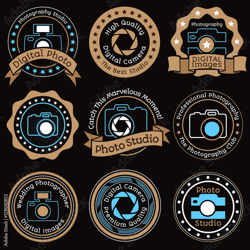 Set of vintage photo studio beige and blue badges on black backg